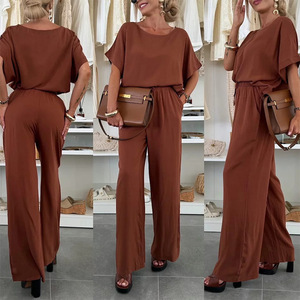 Traje de Moda para Mujer, Color Sólido, Mangas Cortas, <span class=keywords><strong>Pantalones</strong></span> Anudados, 2 Piezas - Product Image 1
