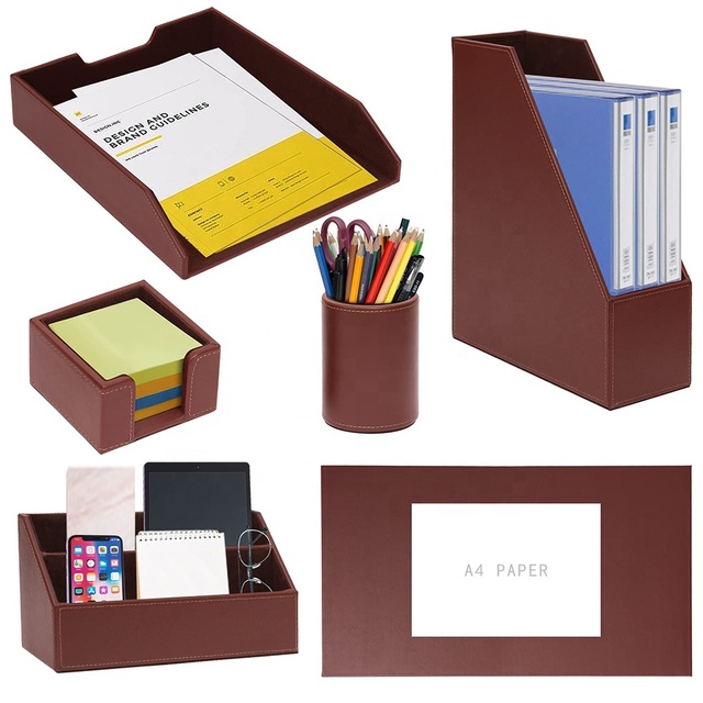 Custom Modern PU Leather 6Pcs Office Desk Organizer Set Multi-Functional Workspace Storage Kit File Tray Pen Holder Mail Sorter