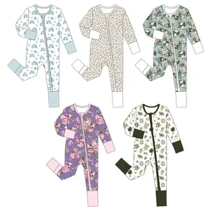 Wholesale Custom dual zipper fold over new born baby rompers baby girl clothes Toddler Pajamas sleeper Print Bamboo Baby Clothes