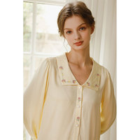 Pyjama d'été léger 100% viscose satin rose brodé à manches longues avec pantalon long pour femmes vêtements de détente à manches bouffantes