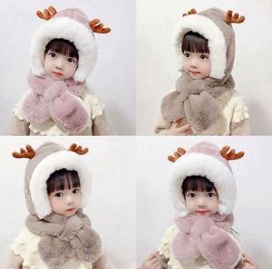 Children's <b>Hat</b> with Scarf Thickened Warm Plush Cute Baby Antler Ear Protection Winter <b>Hats</b> <b>for</b> Kids Beach Business - Product Image 2