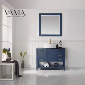 VAMA工厂42英寸现代洗手盆浴室柜，带玻璃梳妆台顶部海军蓝颜色756042B