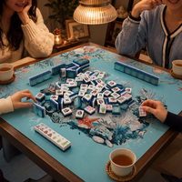 Collection Mahjong Aqua Tide : Tuiles de Mahjong 160 pièces avec dos en marbre turquoise, motifs élégants d'animaux marins et de coquillages, et éclat doré.