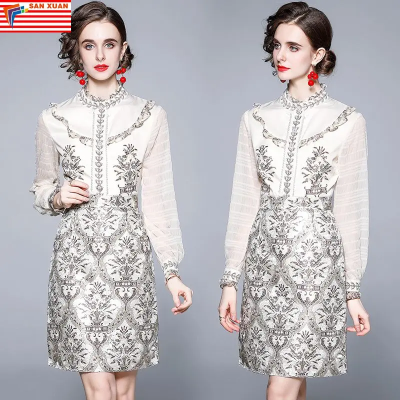 Arrivals Sales 2023 New Woman Clothes Wholesale Fashion Apparel Elegant Floral Casual Dresses Ruffled Mesh Long-sleeved Mid-le