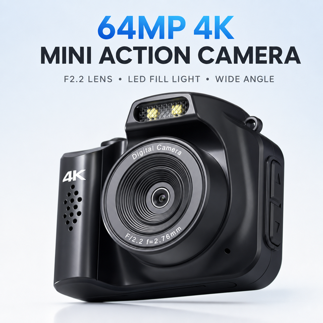 64MP 4K Mini Action Camera F2.2 Lens Portable LED Fill Light Wide Angle AI Scene Recognition Lithium Battery Student Camera