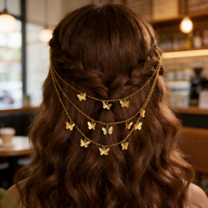 Nouvelle Pince à Cheveux Papillon Métallique Haut de Gamme Style Vintage Populaire avec Chaîne à Cheveux Multicouche à Pompom – Accessoire Capillaire <span class=keywords><strong>pour</strong></span> Coiffures Élégantes - Product Image 1