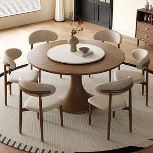 Ensemble de table à manger ronde en pierre brûlée de style crème moderne avec plateau tournant, base en bois massif, table ronde en noyer, idéale pour les restaurants - Product Image 1