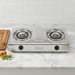 Table de cuisson à gaz portable en acier inoxydable argenté à 2 brûleurs avec commande par bouton, allumage électronique, pas de prise requise pour une utilisation quotidienne - Product Image 1