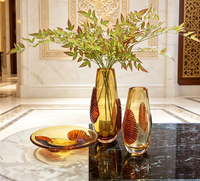 Vase en verre artistique gaufré or ambre de luxe pour l'automne, ensemble de plateaux à fruits, centre de table moderne à motif de feuilles pour mariage, fête et décoration intérieure