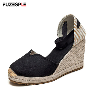 Sandalias de Plataforma con Cuña Negras para Mujer, Parte Superior de Lona Transpirable, Suela de Yute, Calzado Diario, Cierre de Tiras en el <span class=keywords><strong>Tobillo</strong></span>, Antideslizantes, Zapatos de Verano - Product Image 1