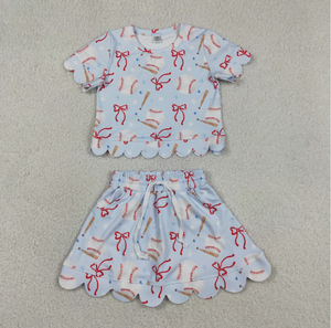 Ensembles de vêtements pour bébés filles, avec nœuds, motifs baseballs et softball, hauts, jupes, shorts, pour le yoga et les activités sportives, à bords festonnés - Product Image 4