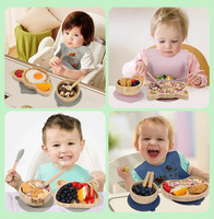 Set de Vaisselle en Bambou et Bois pour Bébé, Assiette à Ventouse en Silicone, Gamelle d'Alimentation, Vaisselle Animale de Qualité Alimentaire pour Enfants