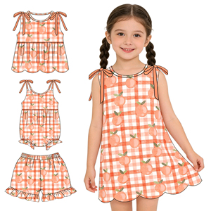 Ensemble short et barboteuse bulle pour bébés filles, style boutique décontracté, motifs bord festonné et nœuds, vêtements assortis pour sœurs - Product Image 1