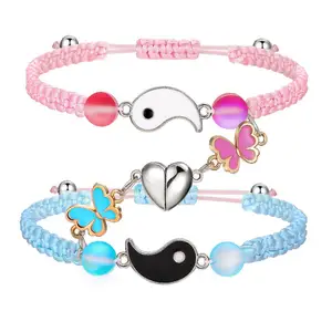 Fashion Pink Blue Silk Thread Braided Couple Bracelet 2 pcs Daisy Tai Chi Infinity Sign Butterfly Magnetic Heart Charm Bracelets