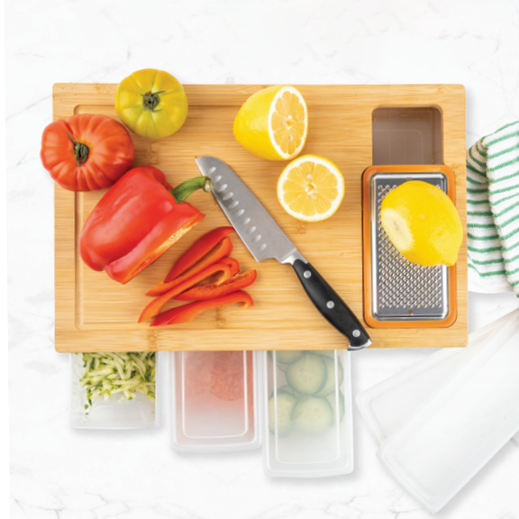 Легко захватываемые ручки и раздвижная открывающаяся бамбуковая разделочная доска с 4 контейнерами большая разделочная доска с желобом для сока