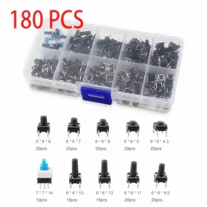 180pcs/Kit Whole Set Tactile Switch PCB Round SPST Push Button Black Momentary Small Mini Micro,6x6mm