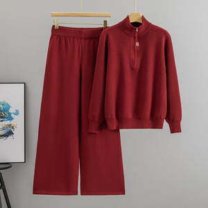 Ensemble pull et pantalon tricoté pour femme, col montant, coupe ample, anti-boulochage, manches longues, pantalon large, idéal pour l'hiver - Product Image 3