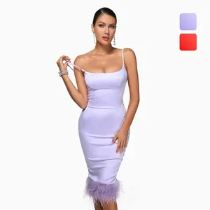 BEISHI Wholesale Supplier Clothing Spaghetti Straps Slip Women Lady Elegant Midi Feathers Party Dress