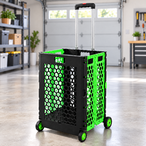 Cesta de Almacenamiento Plegable de Plástico con Asa Telescópica y Carro de 4 Ruedas para Sala de Estar, de un Solo Nivel, Negro y Verde - Product Image 1