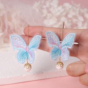 Orecchini a Farfalla con Ricamo Sfumato, Stile Hanfu, Costume Antico, Vintage, Eleganti, Lunghi con Perle, Vendita all'Ingrosso per Donne - Product Image 3