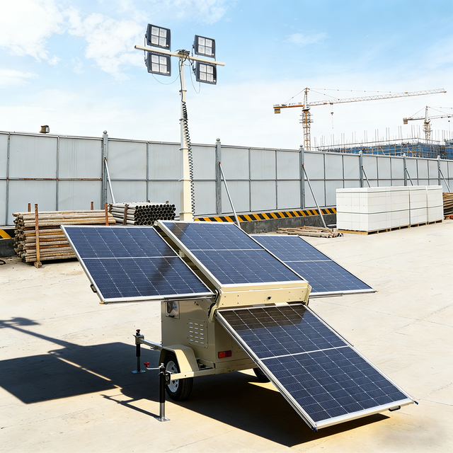 Portable Solar Mobile LED Tower Built-in Generator Power Generation for Outdoor Remote Site Emergency Lighting Easy to Tow