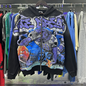 Sweat à capuche zippé en coton épais pour <span class=keywords><strong>homme</strong></span>, style <span class=keywords><strong>streetwear</strong></span> Y2K, motif graffiti rétro - Product Image 5