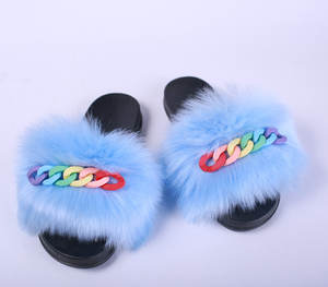 Sandales pour femmes, sandales moelleuses en fausse fourrure de <span class=keywords><strong>renard</strong></span>, claquettes avec chaîne, nouvelle collection 2022 - Product Image 6