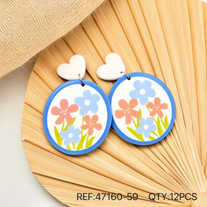 Orecchini dipinti con design floreale rotondo, blu, arancione, rosa, orecchini pendenti, gioielli di moda, 12 pezzi - Product Image 3