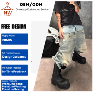 กางเกงยีนส์ทรงแบ็กกี้แบบสองชั้นสองเอวต่อผ้าสไตล์ดิสโทเรค ลายหนวดแมว สำหรับผู้ชายและผู้หญิง แฟชั่นสตรีทไฮสตรีท ทรงยูนิเซ็กส์ - Product Image 1