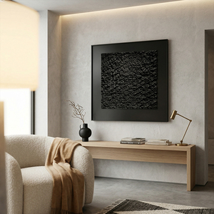 Peinture à l'huile abstraite noire sur toile texturée, art mural minimaliste moderne, œuvre carrée pour la décoration du salon - Product Image 6