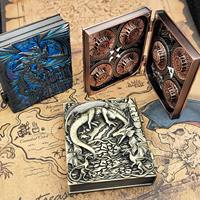 Dés de jeu de rôle en métal DND rotatifs 7-en-1 en alliage de zinc robuste, forme de livre de dragon volant steampunk, boîte pliable