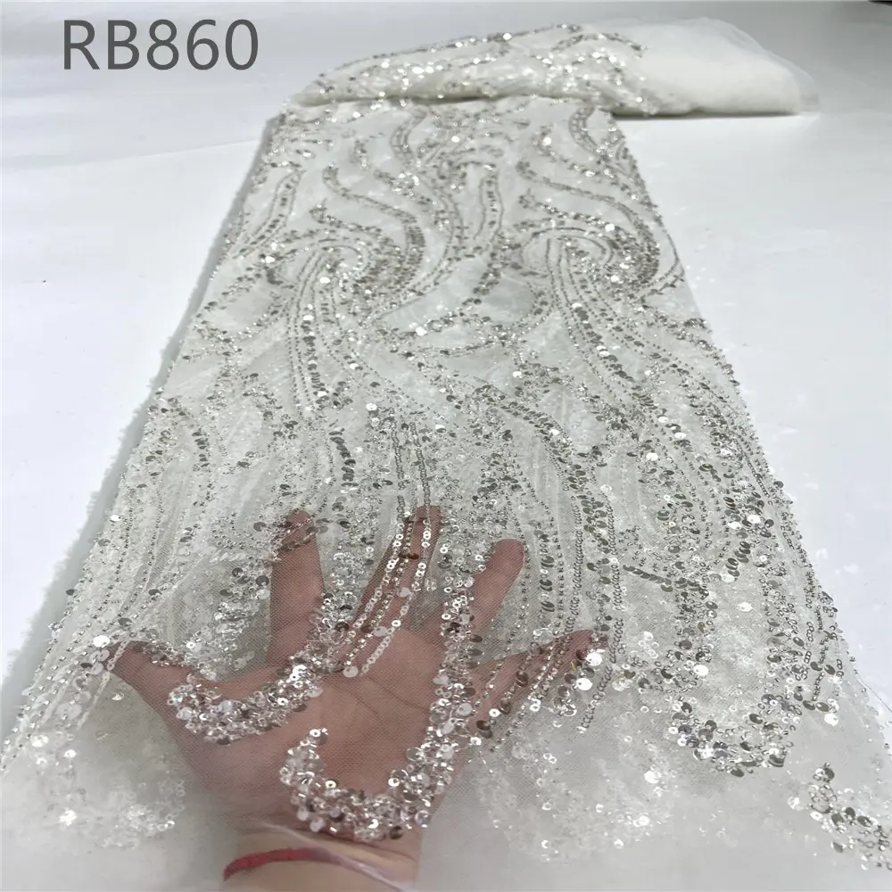 Wholesale Textile lavender tulle net lace embroidery flower applique with shiny sequins lace fabric for nigerian wedding