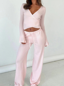 Custom Logo Ladies Sweet Soft Two Piece Tracksuit Deep V Neck Short <b>Top</b> Matching Skinny Fit Drawstring Long Trousers Street Wear - Product Image 3