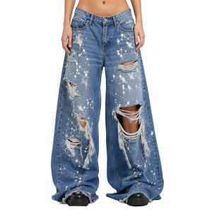 XUCHANG Jeans de mezclilla de algodón holgados y apilados para <span class=keywords><strong>mujer</strong></span>, de alta calidad, estilo streetwear vintage Y2K, con efecto desgastado, <span class=keywords><strong>rotos</strong></span>, estampados y de diseñador - Product Image 1
