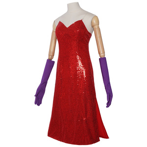 Abito Cosplay di <span class=keywords><strong>Jessica</strong></span> da 'Chi ha accusato Roger Rabbit?' con Spacco Alto, Vestito Rosso con Paillettes e Guanti Viola, Costume per Halloween - Product Image 2