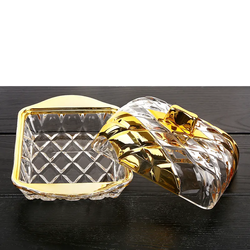 Chapado en oro de joyería de cristal tarro postre bandeja de queso de plato de mantequilla y placa