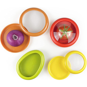 Venta al por mayor: Paquete de 4 recipientes reutilizables de plástico para almacenar frutas y verduras, protectores de alimentos frescos, soporte elástico para limones y tomates. - Product Image 1