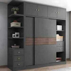 Armoire moderne beige texturée avec poignées dorées et étagères ouvertes - Product Image 3