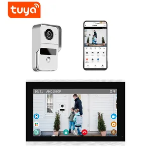 AHD10-1v1 1080p écran tactile 10.1 ''wifi 4 fils sonnette vidéo système d'interphone «Tuya Smart» travail carte RFID contrôle d'accès déverrouillage