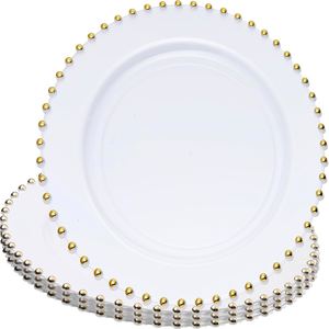 <b>Plastic</b> Wedding Plates with Gold Beads 7.5 10.5 13 Inch Heavy Duty Clear White Chargers for Bridal Banquet Decoration - Product Image 1