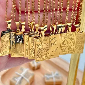 Perhiasan Elegan Wanita Kalung Liontin Kalung Tarot Vintage Berlapis Emas Baja Tahan Karat 12 Zodiak Horoskop Kalung Tanda Zodiak