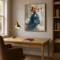 Peinture à l'huile personnalisée peinte à la main, Femme Violoniste en Robe Bleue, Impasto sur Toile, Portrait Impressionniste, Cadre Doré, Décoration Murale
