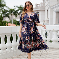 Vestido Casual de Verano para Mujer, Estilo Europeo Americano, Cuello en V, Azul Marino, Estampado, Línea A, Superventas