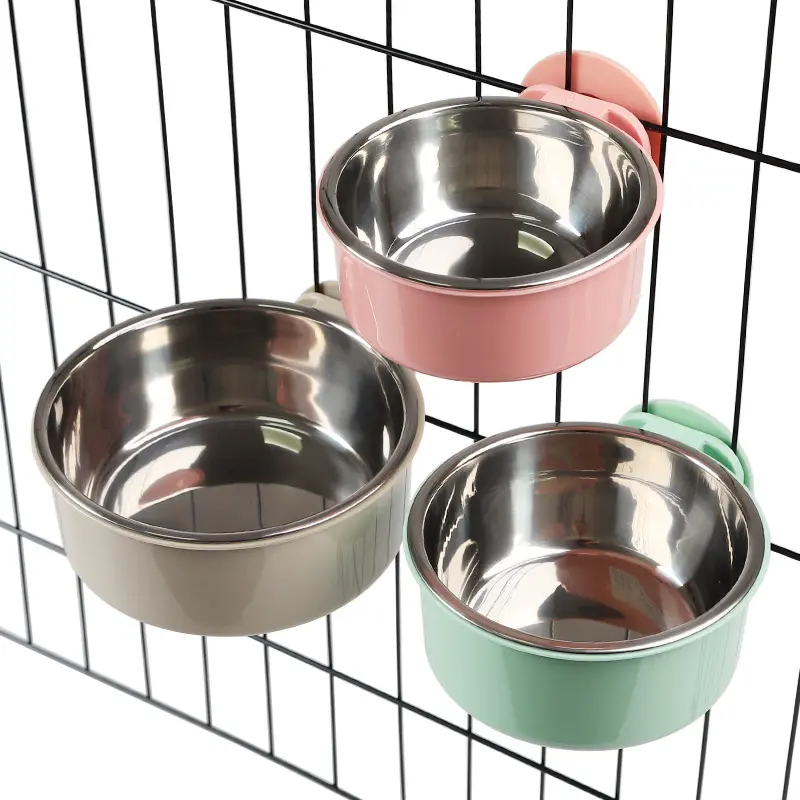Kandang Anjing Stainless Steel Gantung 2 In 1, Kandang Makan Hewan Peliharaan Mangkuk Kandang Air Makanan untuk Anak Anjing Burung Kelinci Dapat Dilepas