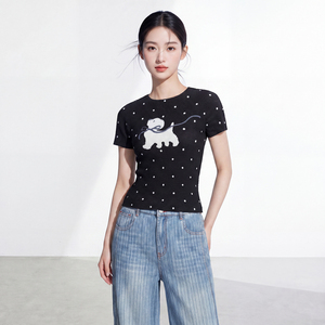 Women's Short Sleeve Loose Fit Knitted Chiffon Crop Top Dog Embroidery <b>Y2K</b> Eco-Friendly Vintage Breathable Spring Cute Style - Product Image 4