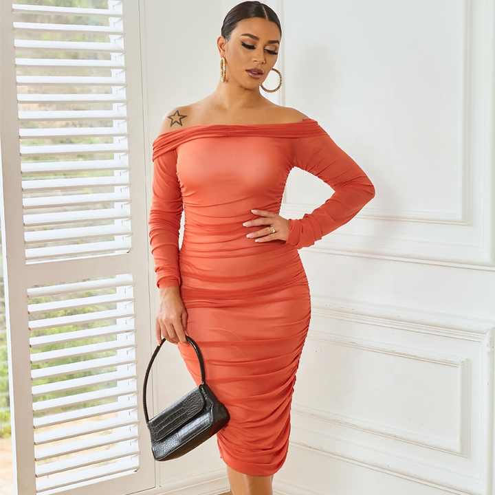Summer Lady Elegant Sheer Layer Long Sleeve Off Shoulder Chic Ruched Midi  Dress Long Sleeve Party Evening Sheath Bodycon Dress