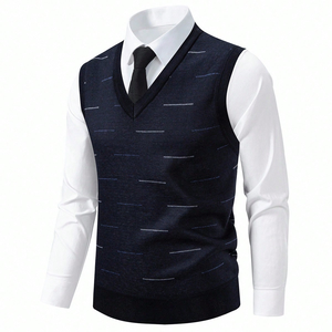 Vêtements personnalisés, pull classique à col en V, tricot rayé, sans manches, pull-over, automne hiver, chaud, respirant, débardeur pour homme, pull épais - Product Image 1