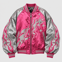 Blouson Bomber en Satin Personnalisé pour Homme, Coupe Oversize, Broderie Flamme Étoile, Clouté, Fermeture Éclair, Style Streetwear, Veste Universitaire, Vente en Gros B2B, OEM