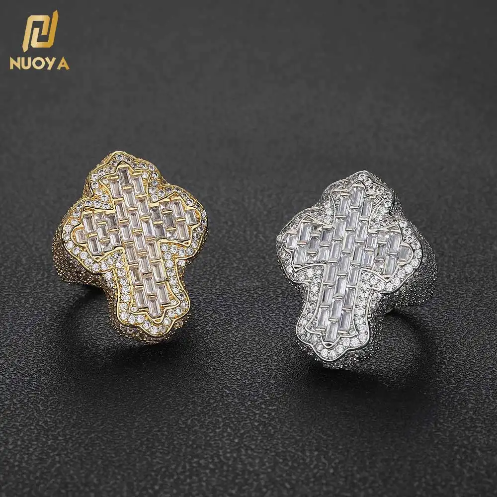 Hip Hop Baguette Diamond Luxury Rings 18k Gold Plated With Iced Cubic Zirconia Cross Ring For Men Women