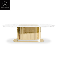 Meubles de salle à manger modernes, ensemble de table à manger haut de gamme pour 8 personnes, plateau ovale en marbre avec base en métal doré cannelé, chaises de salle à manger de luxe
